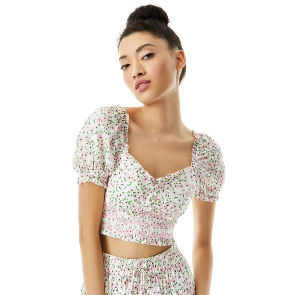 Alice + Olivia Rianna Puff Sleeve Crop Top Pink White Peasant Girly Cottage Sm
